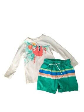 Kids White Rash Guard and Green Stripe Swim Shorts Set | Size: 2T